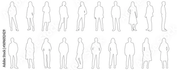 Fototapeta Architectural Drawings fashionable people standing in stylish modern clothing outline vector illustration, front and side view, human person Minimal style hand drawn. Sections, Elevations, Floor Plans