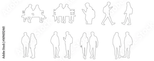 Fototapeta Architectural Drawings students and young people with backpacks, sitting, walking, and standing, casual fashion outline vector illustration, front view, human person Minimal style hand drawn.