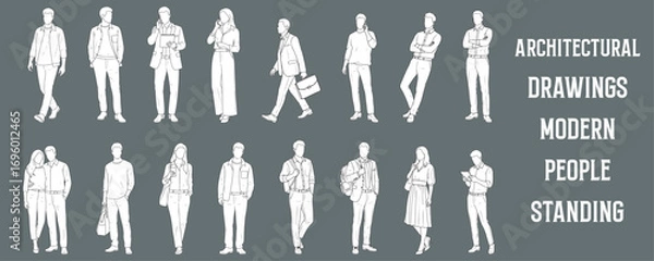 Fototapeta Architectural Drawings modern people standing in various casual and professional poses vector illustration, front view, human person Minimal style hand drawn. Sections, Elevations, Floor Plans