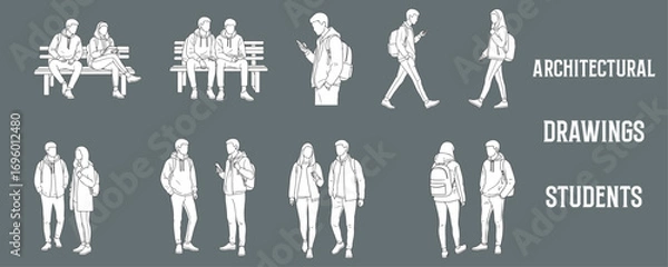 Fototapeta Architectural Drawings students and young people with backpacks, sitting, walking, and standing, casual fashion vector illustration, front view, human person Minimal style hand drawn. 