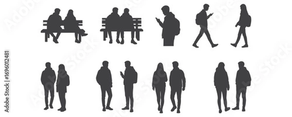 Fototapeta Architectural Drawings students and young people with backpacks, sitting, walking, and standing, casual fashion silhouette vector illustration, front view, human person Minimal style hand drawn. 
