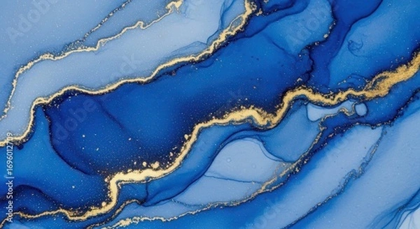 Fototapeta Abstract Blue Marble Artwork: A striking abstract composition featuring swirling shades of blue, accentuated with golden veins, creating a sense of depth and fluidity.