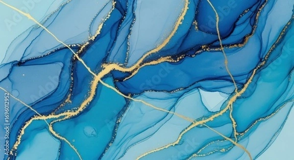 Fototapeta Fluid Abstract Artwork with Golden Veins: a visually stunning display of a mesmerizing composition, showcasing flowing shades of blue intertwine with intricate golden veins.