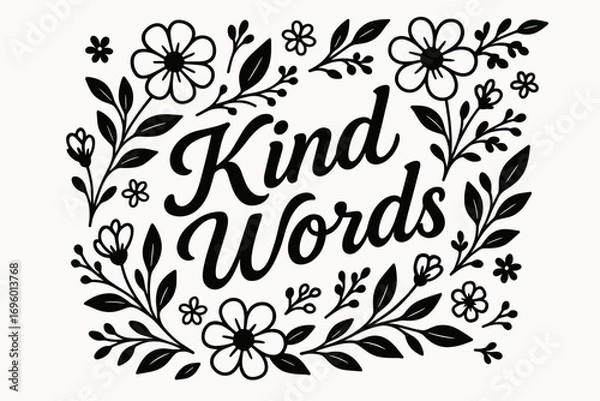 Fototapeta Kind Words modern hand lettering soft humanist curves surrounded by floral details diagonal decorative composition clean white background vector look high contrast.