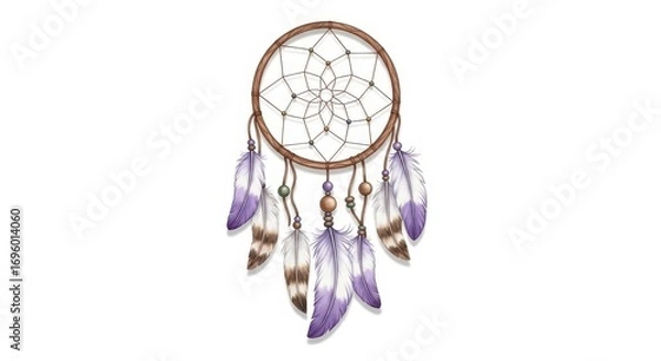 Fototapeta Dreamcatcher of Tranquility: A meticulously illustrated dreamcatcher featuring intricate web design and delicate feathers, embodying peace and serene escape from the hustle of daily life.