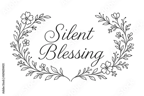 Fototapeta Silent Blessing thin line calligraphy calm delicate strokes surrounded by floral ornaments horizontal balanced layout clean white background vector look high contrast.