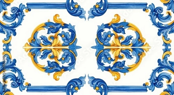 Fototapeta Antique Tile Pattern: A symmetrical close-up of an antique tile, featuring an intricate design of blue and gold floral elements that create a captivating and ornate pattern.