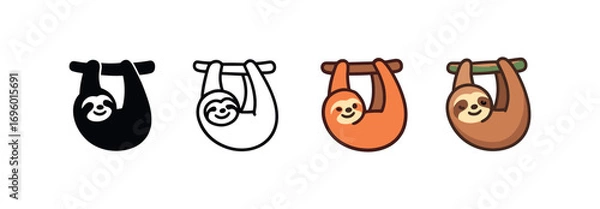 Fototapeta Vector icon sloth hanging same pose same proportions four styles black solid glyph outline minimal flat multicolor filled cartoon flat shaded.