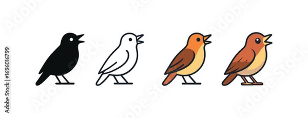 Fototapeta Vector icon nightingale bird same pose same proportions four styles black solid glyph outline minimal flat multicolor filled cartoon flat shaded.