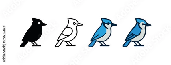 Fototapeta Vector icon blue jay bird same pose same proportions four styles black solid glyph outline minimal flat multicolor filled cartoon flat shaded.