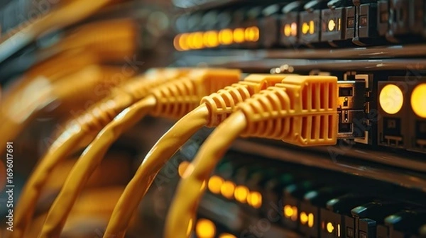 Fototapeta Detailed Close Up of Data Transfer Network Cables Connected to Ethernet Hardware