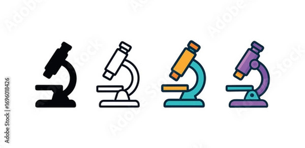 Fototapeta Vector icon microscope biology same pose same proportions four styles black solid glyph outline minimal flat multicolor filled cartoon flat shaded.