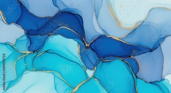 Fototapeta Abstract Fluid Blue Art: An captivating, flowing composition of rich blues, turquoise, and accents of gold, evoking a sense of depth and movement. A perfect visual for design projects. 