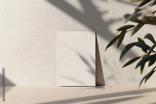Fototapeta vertical business card mockup leaning against wall with shadow 
