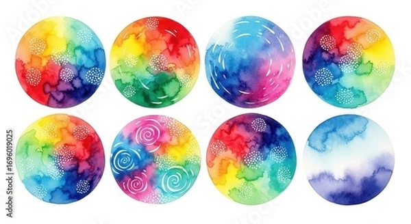 Fototapeta Vibrant Watercolor Spheres: Eight colorful spheres display artistic blend of vivid hues and intricate textures, exuding a sense of abstract beauty.