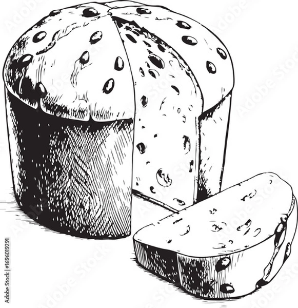 Obraz Panettone Easter Cake Vector Illustration, Sketch Drawing Line Linear Symbol Icon Engraving Coloring Book, Hand-drawn Doodle Black and White Isolated