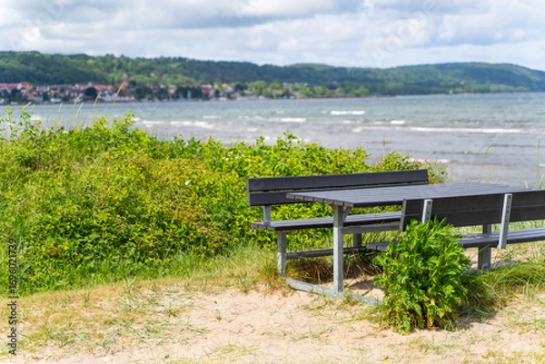 Fototapeta A beautiful and scenic waterfront picnic area featuring a comfy bench surrounded by lush vegetation
