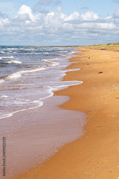 Fototapeta The stunning beach view in Southern Sweden and charming coastal town under a beautiful cloudy sky, Bastad, Sweden