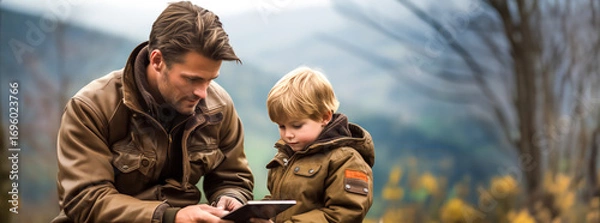 Fototapeta Man and boy, father and son, enthusiastically planning a route on a tablet in nature against the background of autumn landscape. Tourist seasonal routes and hiking, banner with copy space
