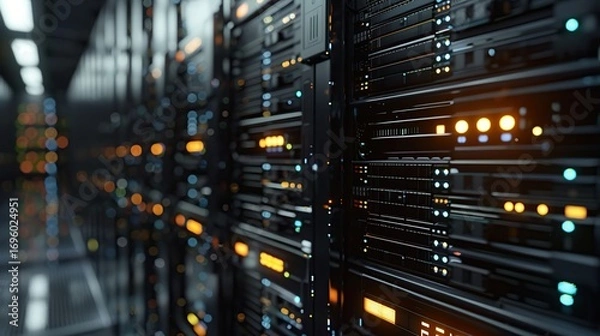 Fototapeta Close Up Visualization of Networks Data Center Rows and Digital Servers