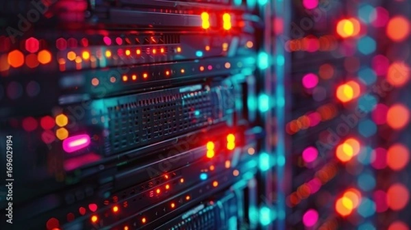 Fototapeta Close Up Photography of Modern Networks Data Center with Rows of Servers