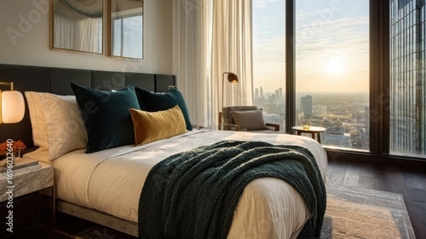 Fototapeta Modern bedroom with city view at sunrise