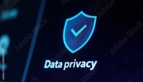 Fototapeta Sleek blue shield logo on a dark background, symbol of protection and security