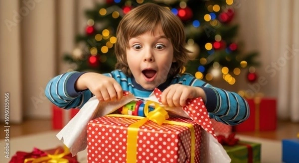 Fototapeta Excited child unwrapping a christmas present with a surprised expression
