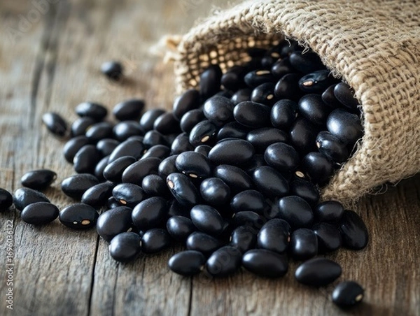 Fototapeta Close-up of glossy black beans spilling from a burlap sack onto a rustic wooden table