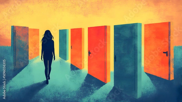 Fototapeta A woman walking through a house, but every door leads back to the same room, trapped in a cycle of despair