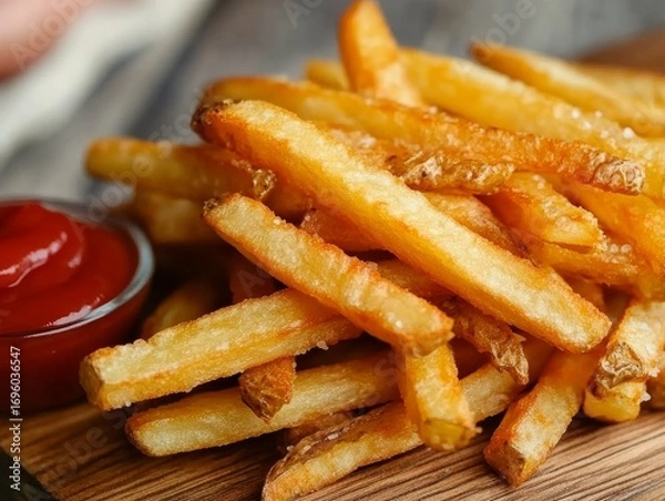 Fototapeta Close-up of golden, crispy French fries stacked on a wooden board with a side of ketchup