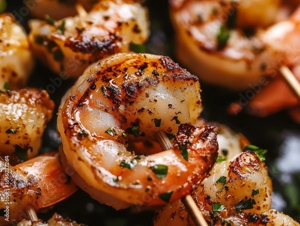 Fototapeta Close-up of grilled shrimp skewers with garlic butter and herbs