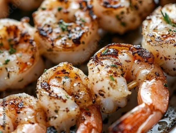 Fototapeta Close-up of grilled shrimp skewers with garlic butter and herbs