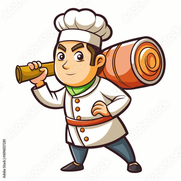 Fototapeta Creative vector illustration of male chef holding sushi roll like telescope, fun Japanese cuisine concept design for stock and branding