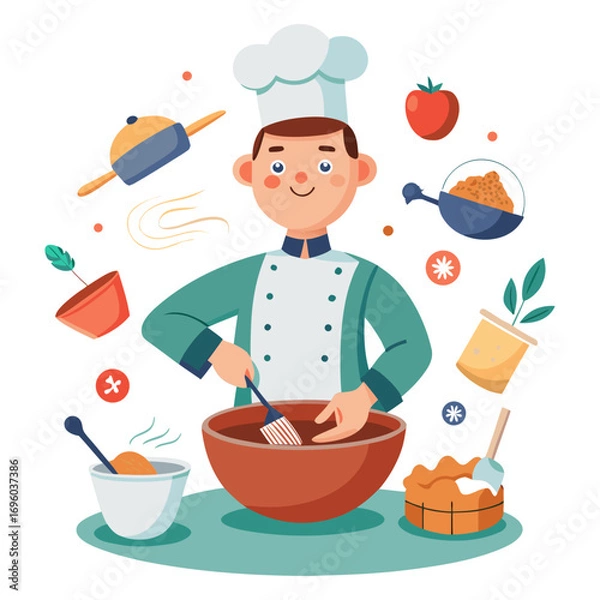Fototapeta Creative vector illustration of male chef mixing ingredients in a floating bowl, modern culinary art, professional kitchen concept design