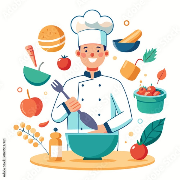 Fototapeta Creative vector illustration of male chef mixing ingredients in a floating bowl, modern culinary art, professional kitchen concept design