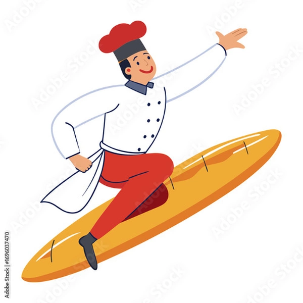 Fototapeta Creative vector illustration of a male chef surfing a giant baguette bread like a surfboard, fun food-themed artwork