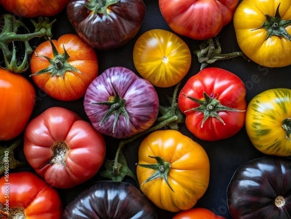 Fototapeta Close-up of heirloom tomatoes in various colors red, yellow, and purple arranged on a dark background 