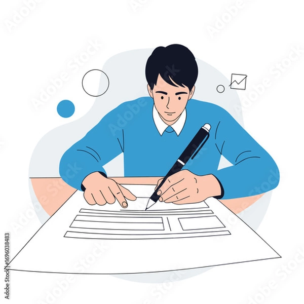 Obraz An intelligent young man meticulously works on a document using a pen and a desk in this creative illustration