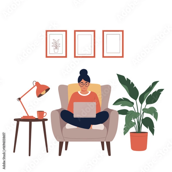 Obraz A woman working on her laptop while sitting comfortably in an armchair at home surrounded by plants and art