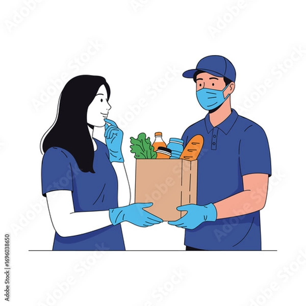 Obraz Illustrating a delivery person wearing a mask and gloves handing over groceries to a customer also wearing a mask and gloves