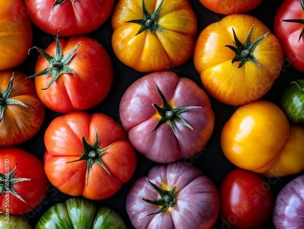 Fototapeta Close-up of heirloom tomatoes in various colors red, yellow, and purple arranged on a dark background 
