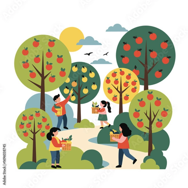 Obraz Happy people harvesting ripe apples from fruit trees on a sunny autumn day