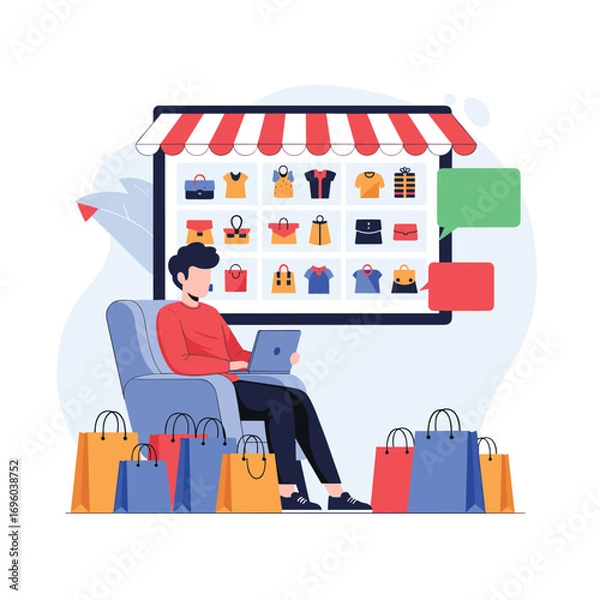Obraz Man shopping online from home surrounded by shopping bags and displaying products on screen
