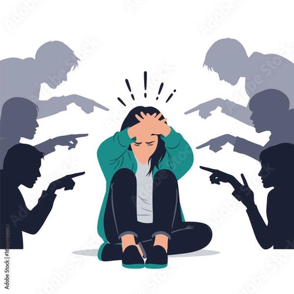 Obraz Girl surrounded by pointing figures feeling anxious and overwhelmed by judgment and criticism