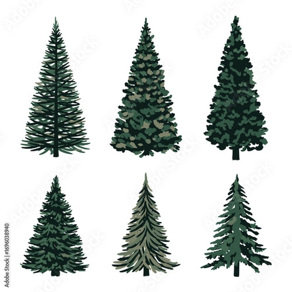 Obraz Collection of six stylized evergreen trees in various shades of green for nature themed designs