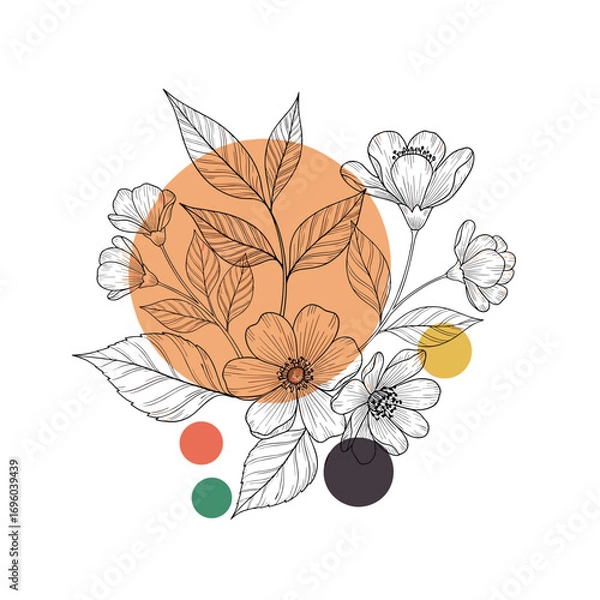 Obraz Delicate botanical illustration with abstract geometric elements and color swatches
