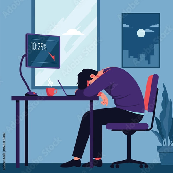 Obraz Exhausted office worker slumped over desk at night feeling burnout and low productivity due to long work hours and stress