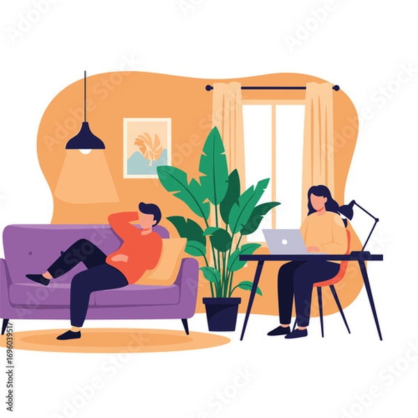 Obraz Couple working and relaxing in a home office setting with a couch and plants