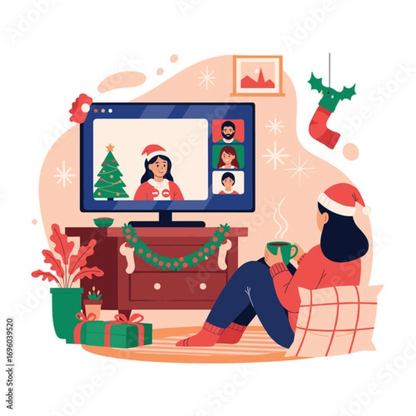 Obraz Celebrating christmas holidays virtually with family and friends connecting through video calls